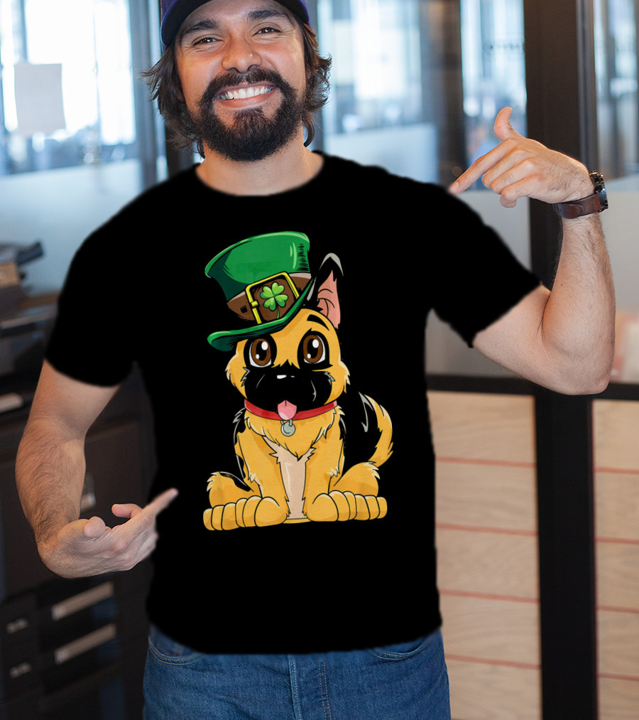 German Shepherd Wearing Leprechaun Hat With Clover T-Shirt