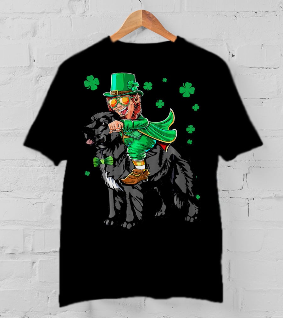 Leprechaun Riding Newfoundland Dog With Shamrocks For St. Pat's Day T-Shirt