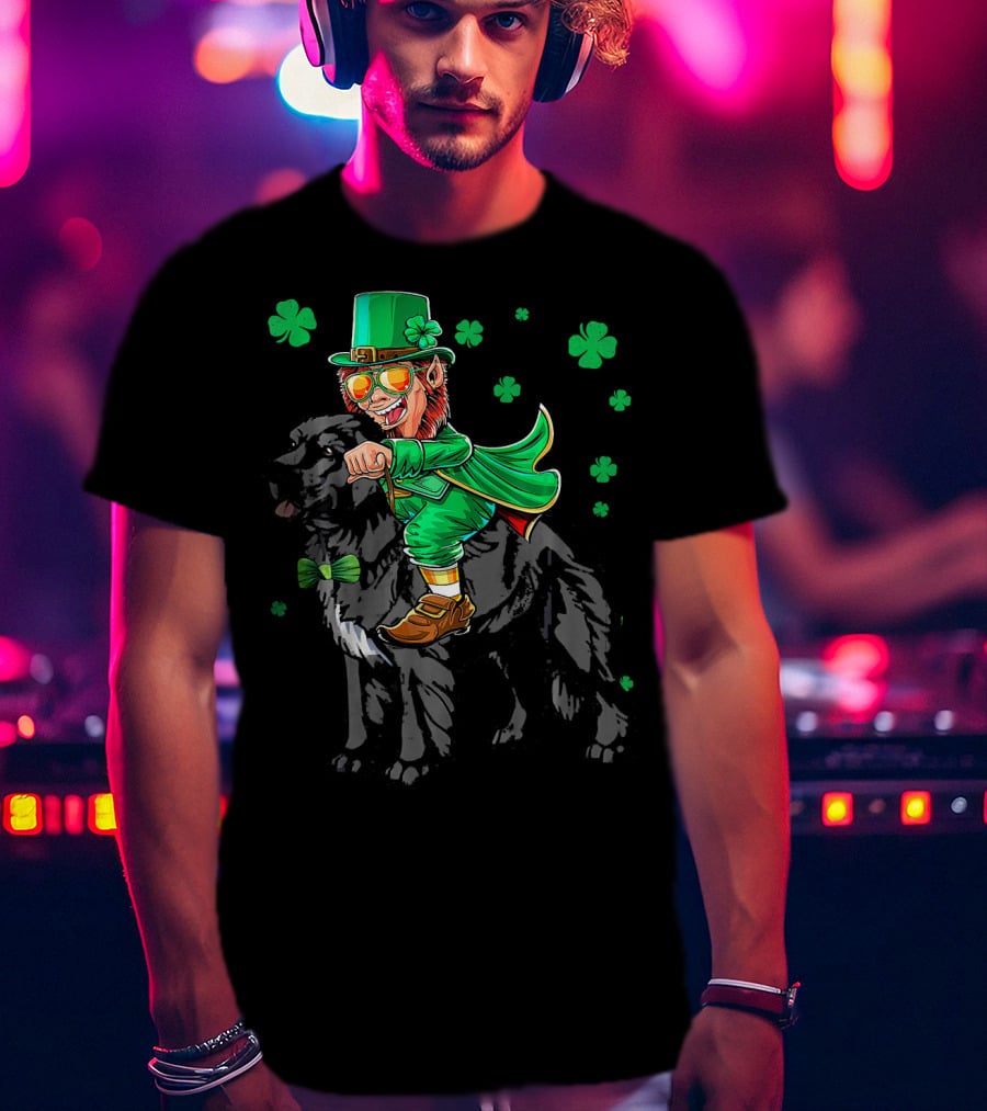 Leprechaun Riding Newfoundland Dog With Shamrocks For St. Pat's Day T-Shirt