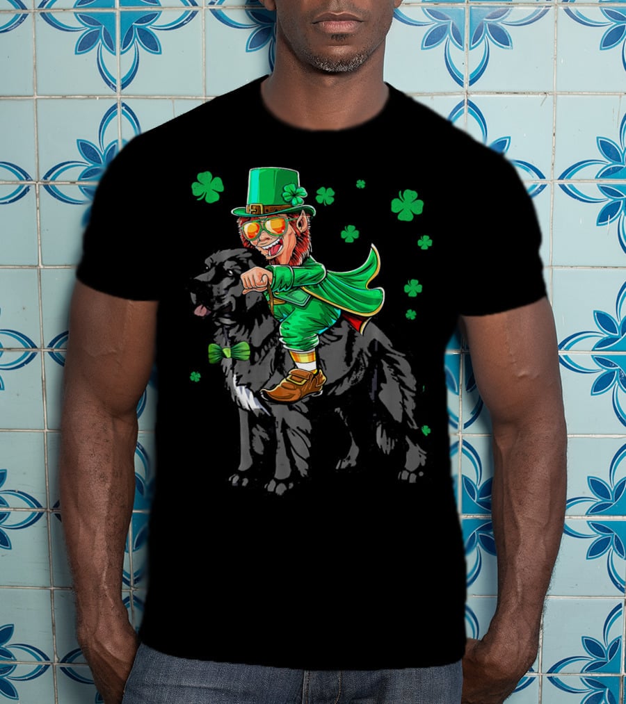 Leprechaun Riding Newfoundland Dog With Shamrocks For St. Pat's Day T-Shirt