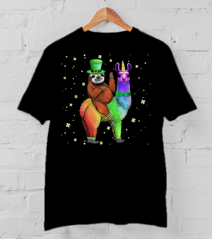 St. Patrick's Day Sloth With Green Hat On Rainbow Unicorn Llama T-Shirt