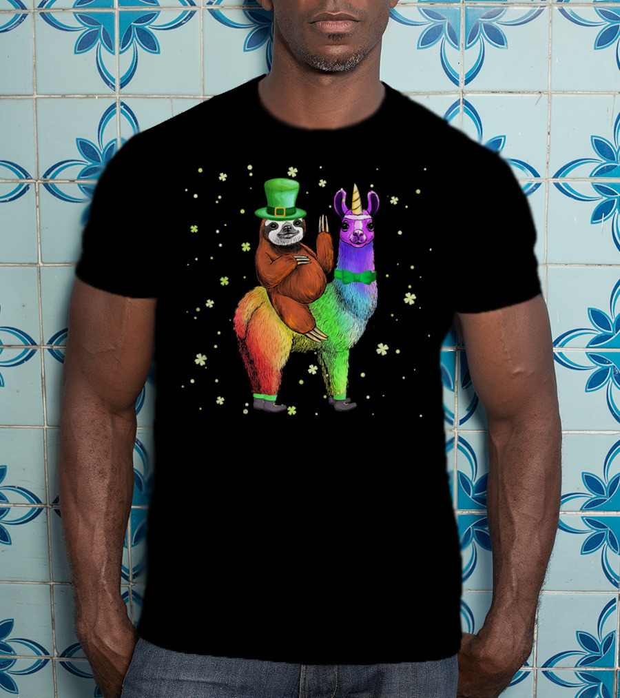St. Patrick's Day Sloth With Green Hat On Rainbow Unicorn Llama T-Shirt