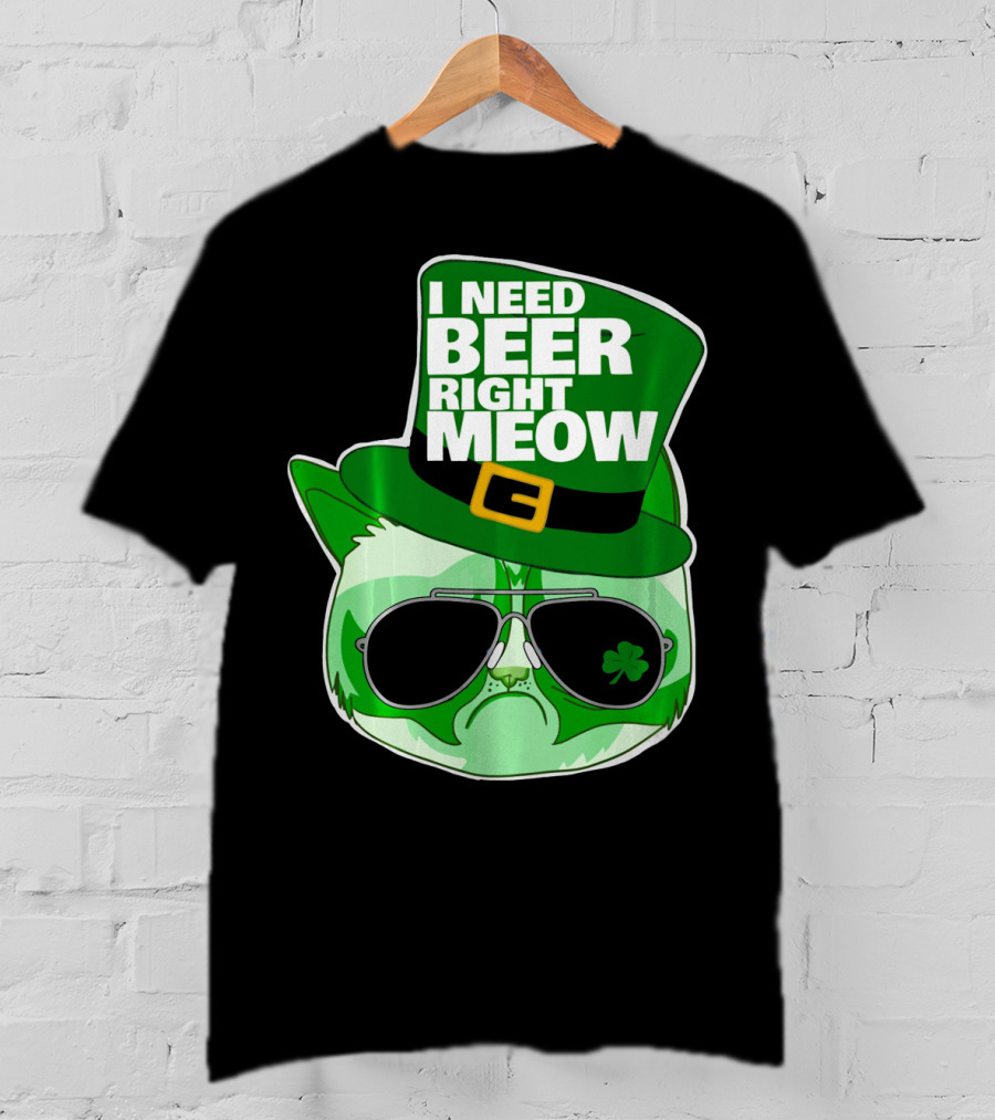 I Need Beer Right Meow Funny St Patricks Day Cat With Green Leprechaun Hat And Sunglasses T-Shirt