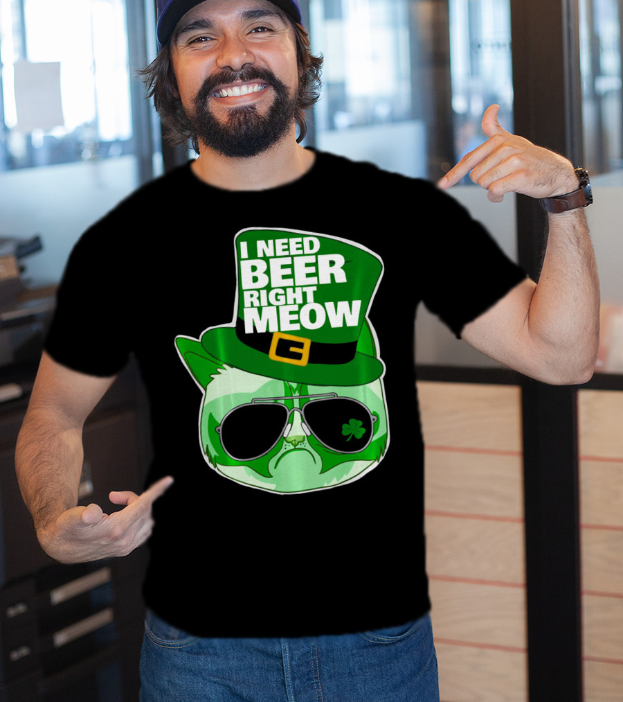 I Need Beer Right Meow Funny St Patricks Day Cat With Green Leprechaun Hat And Sunglasses T-Shirt