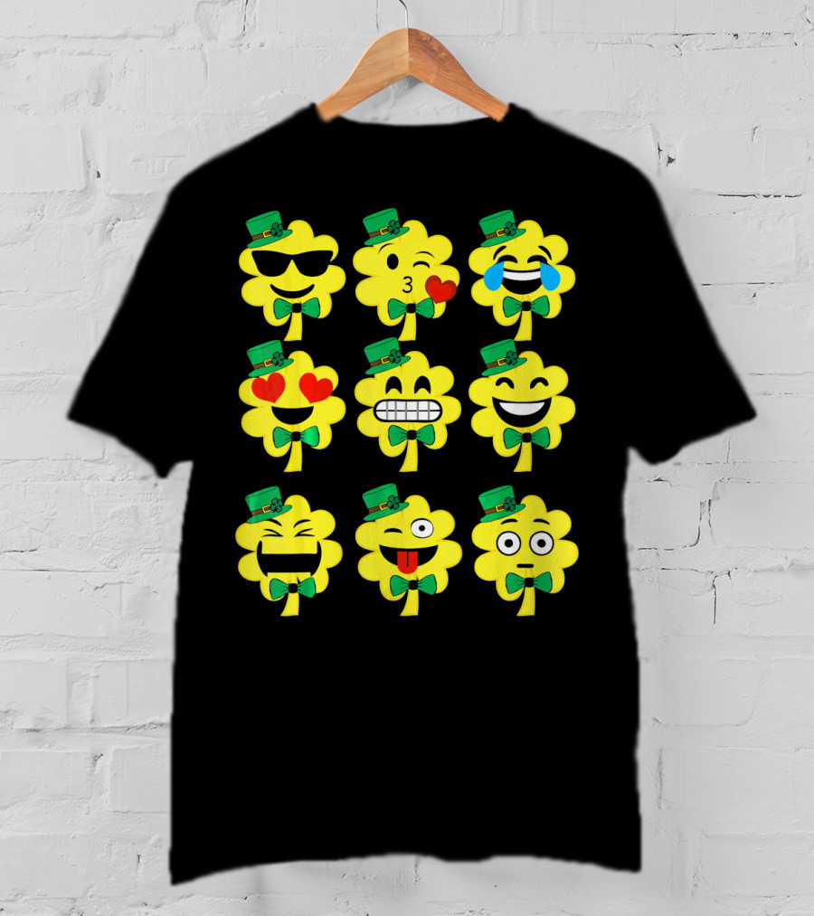 St Patricks Day Kids Emoji Shamrock Faces With Top Hats And Bowties T-Shirt