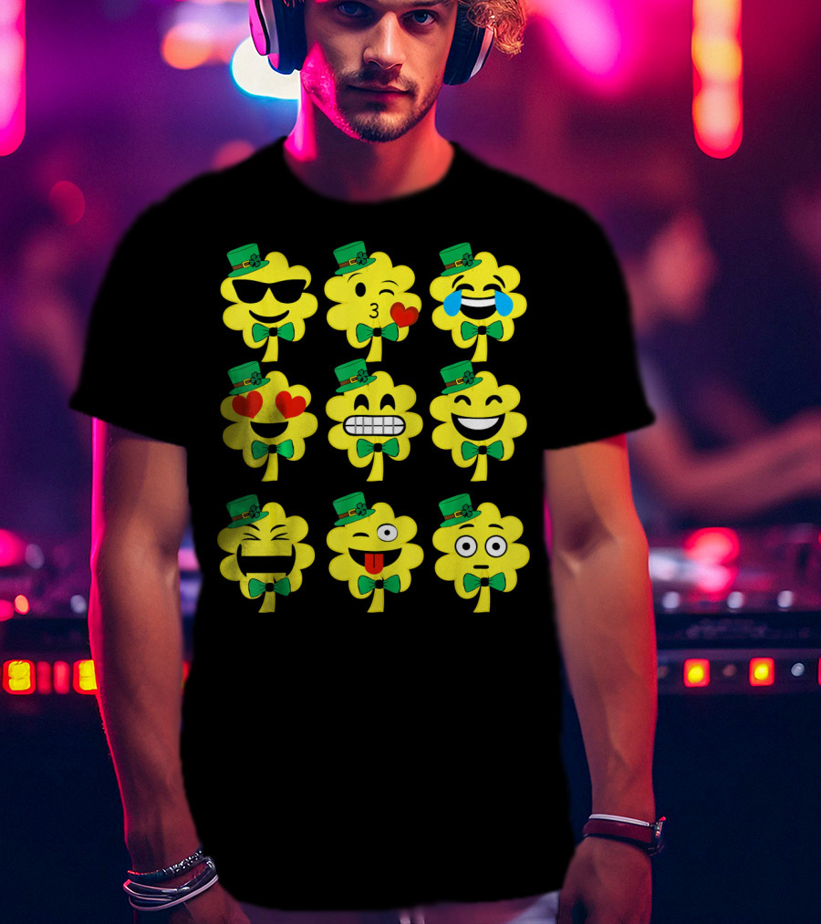 St Patricks Day Kids Emoji Shamrock Faces With Top Hats And Bowties T-Shirt