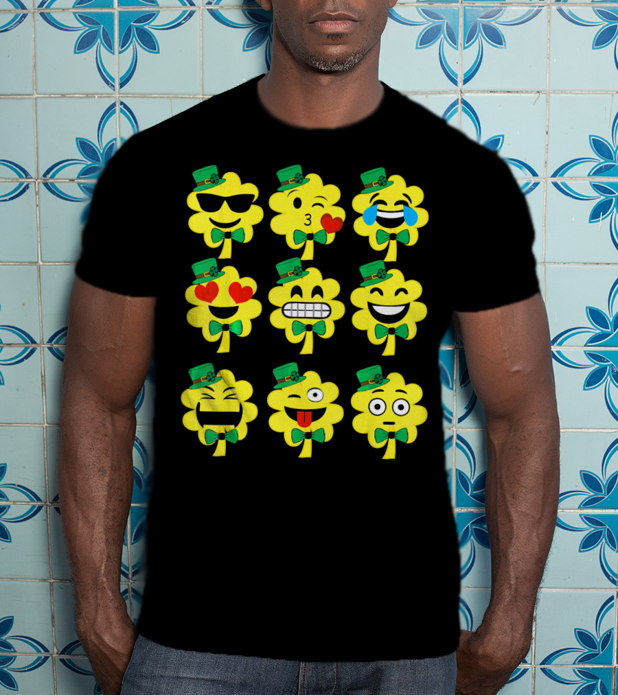 St Patricks Day Kids Emoji Shamrock Faces With Top Hats And Bowties T-Shirt
