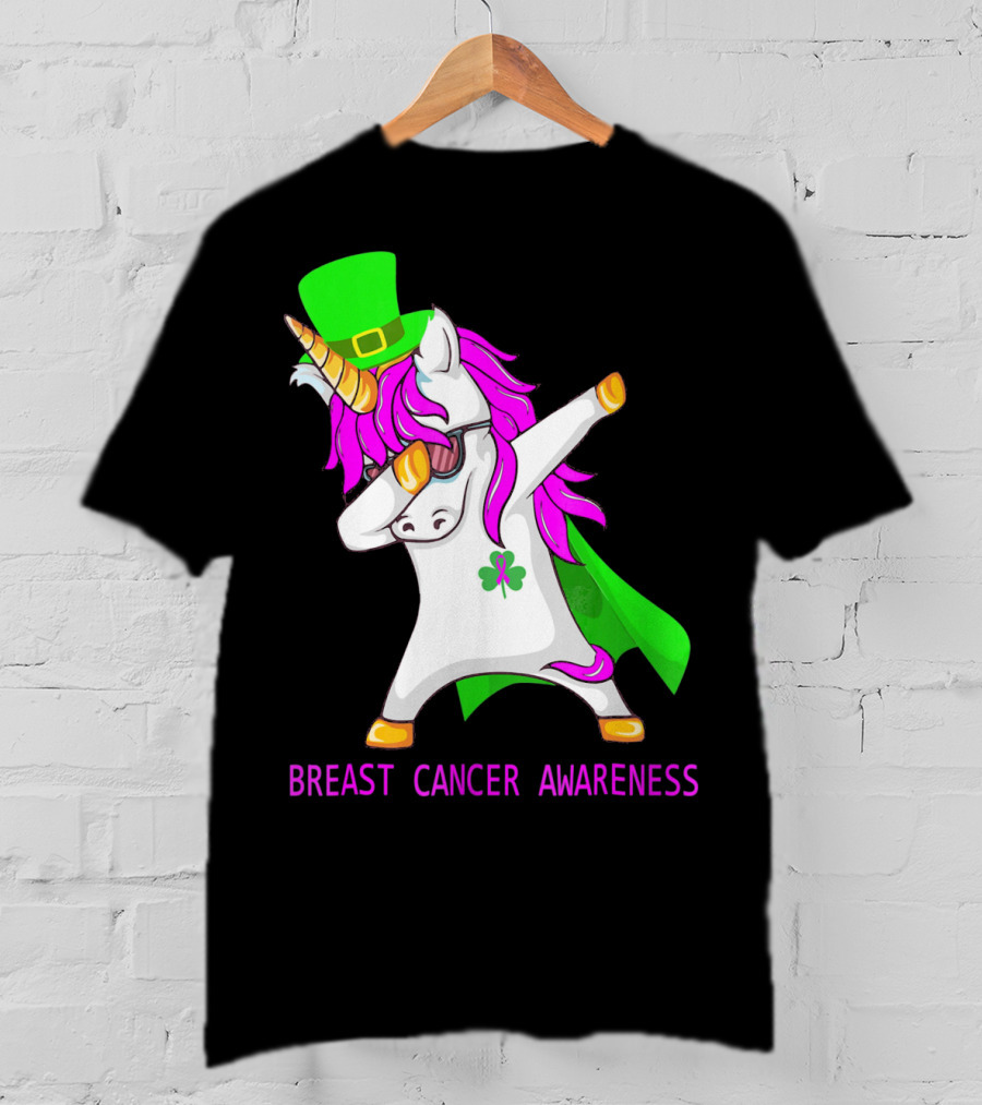 Unicorn Breast Cancer Awareness Dabbing With Green Hat And Clover Patrick T-Shirt