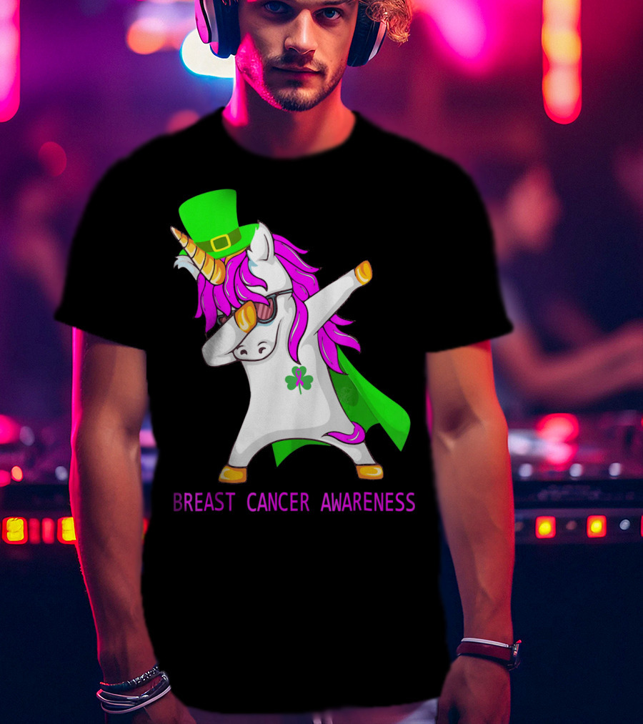 Unicorn Breast Cancer Awareness Dabbing With Green Hat And Clover Patrick T-Shirt
