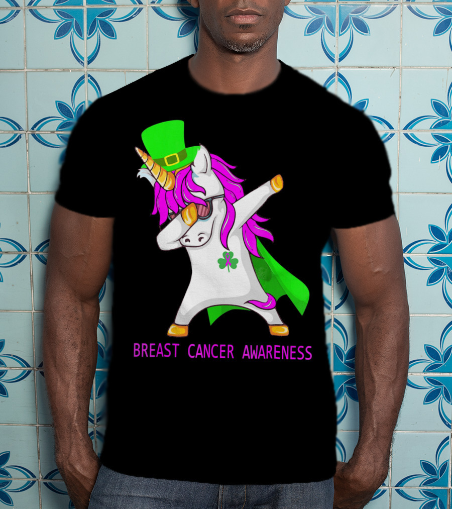Unicorn Breast Cancer Awareness Dabbing With Green Hat And Clover Patrick T-Shirt