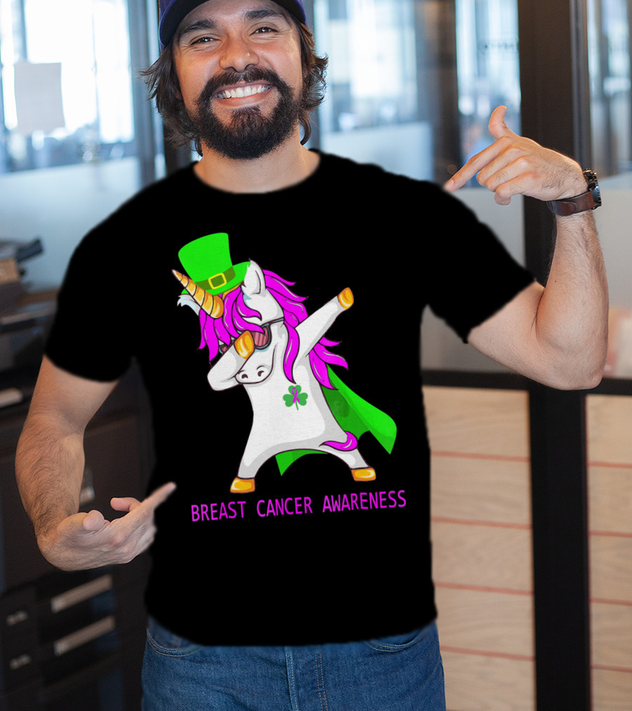 Unicorn Breast Cancer Awareness Dabbing With Green Hat And Clover Patrick T-Shirt