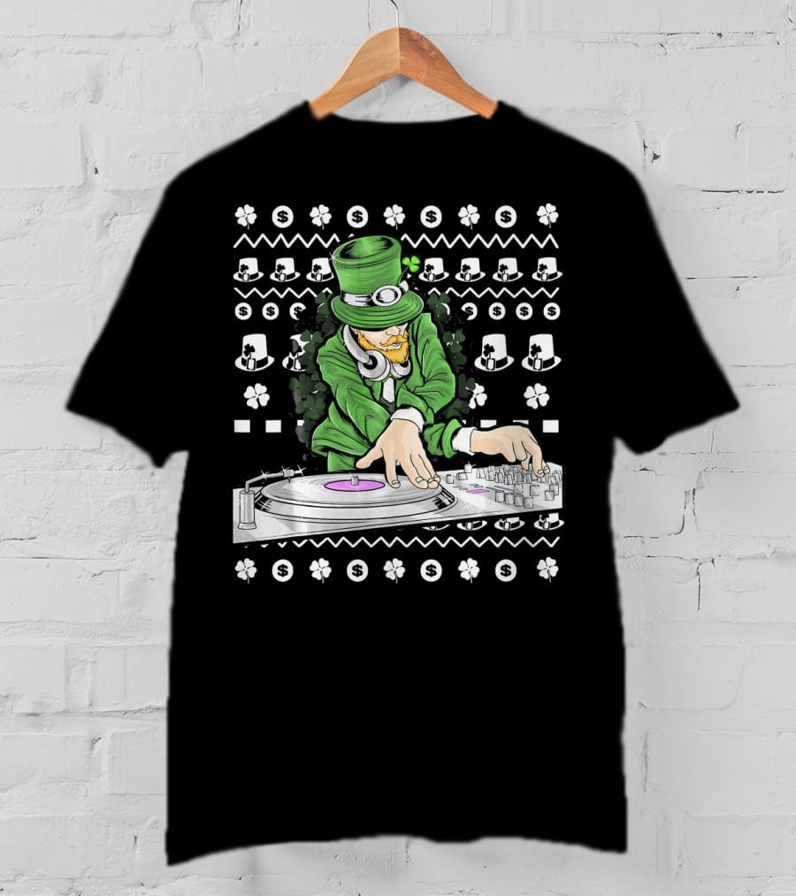 Leprechaun DJ Mixing With Shamrocks And Top Hats T-Shirt