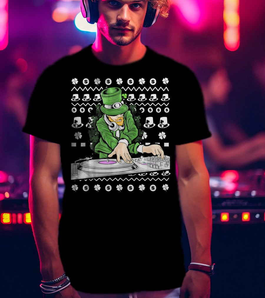 Leprechaun DJ Mixing With Shamrocks And Top Hats T-Shirt