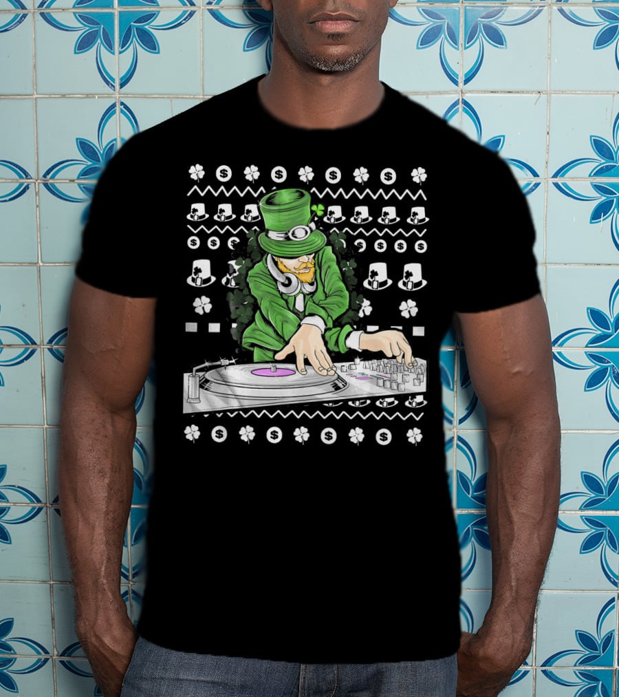 Leprechaun DJ Mixing With Shamrocks And Top Hats T-Shirt