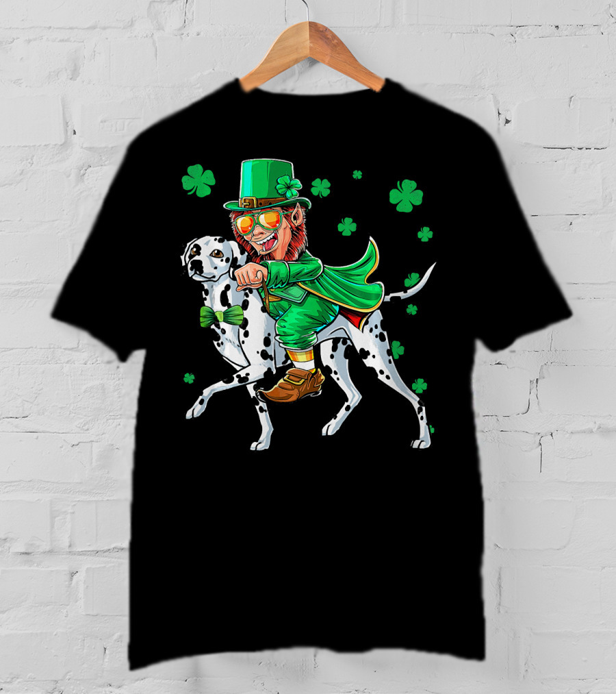 Leprechaun Riding Dalmatian With Shamrocks St. Patrick's Day T-Shirt