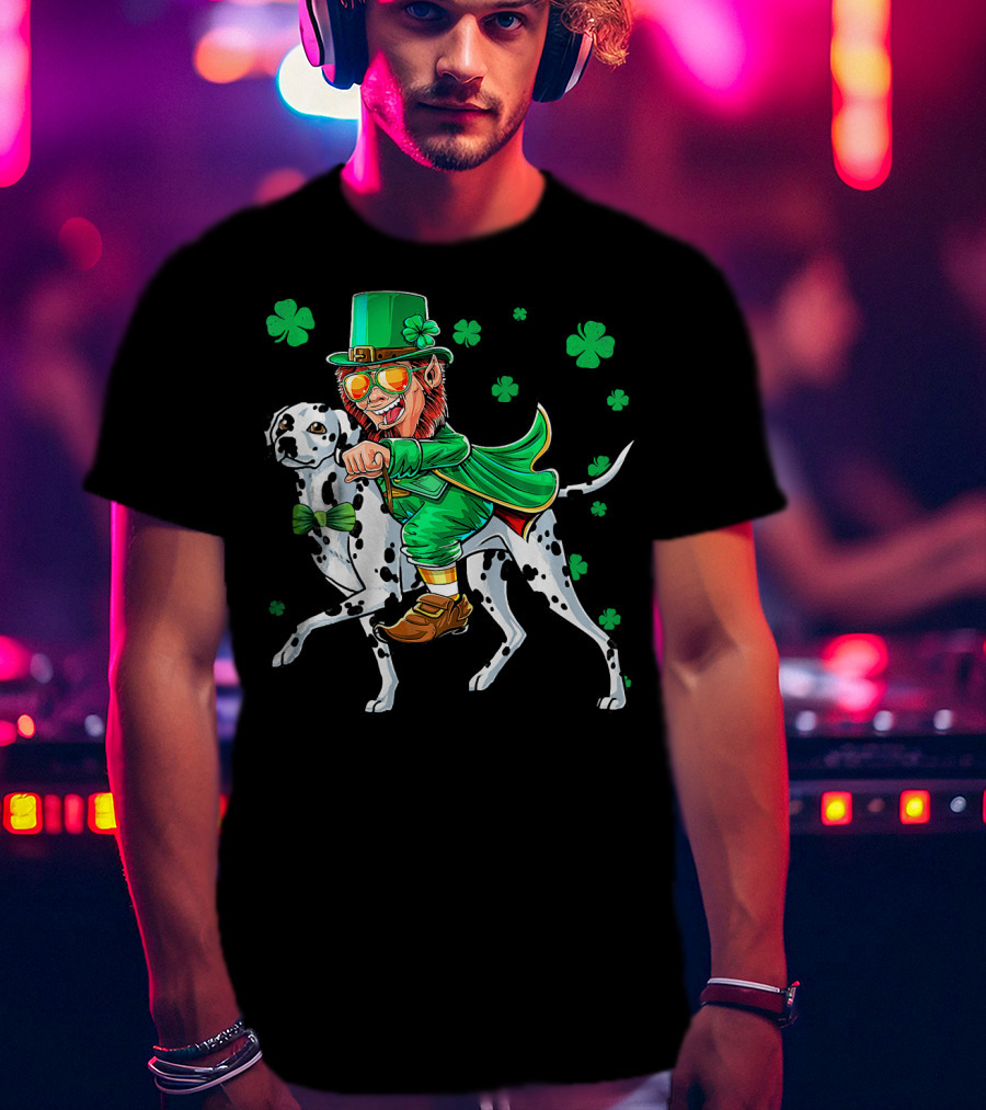 Leprechaun Riding Dalmatian With Shamrocks St. Patrick's Day T-Shirt