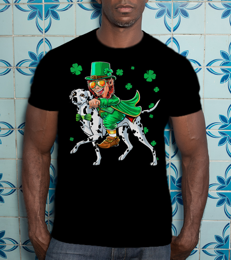 Leprechaun Riding Dalmatian With Shamrocks St. Patrick's Day T-Shirt