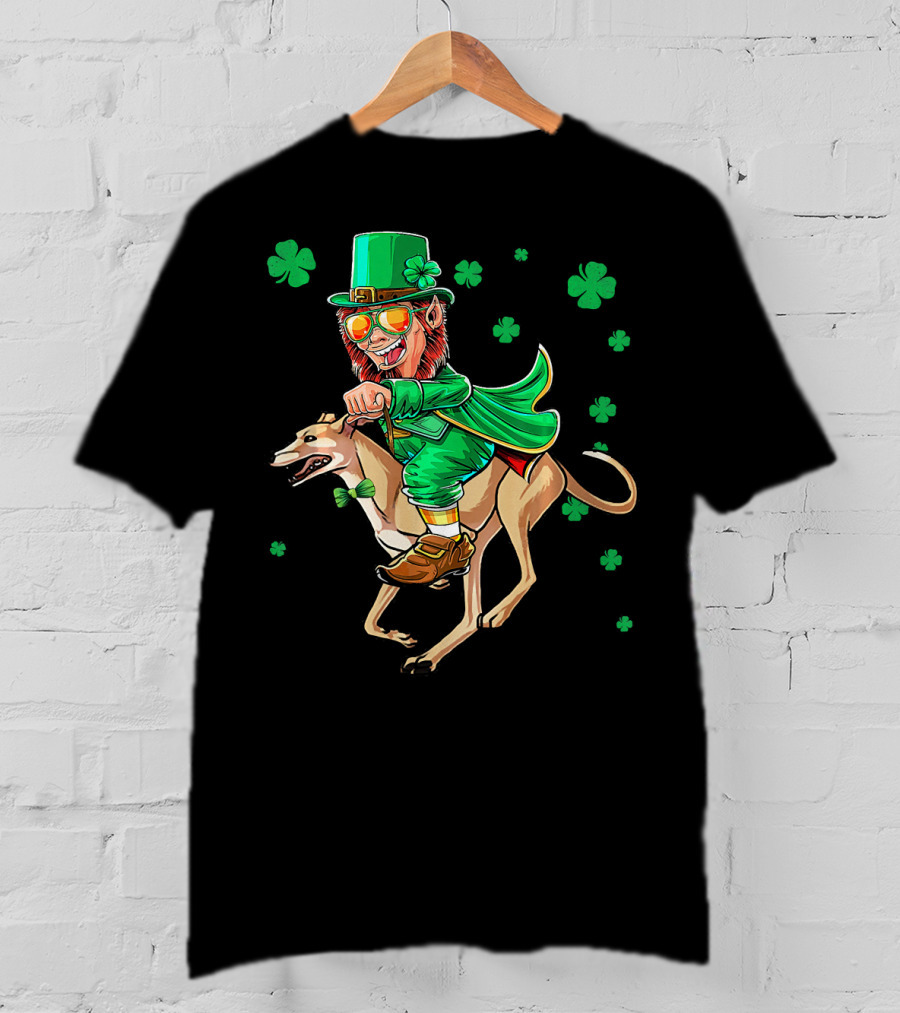 Leprechaun Riding Greyhound With Shamrocks St. Patrick's Day T-Shirt
