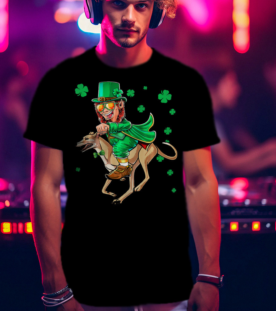 Leprechaun Riding Greyhound With Shamrocks St. Patrick's Day T-Shirt
