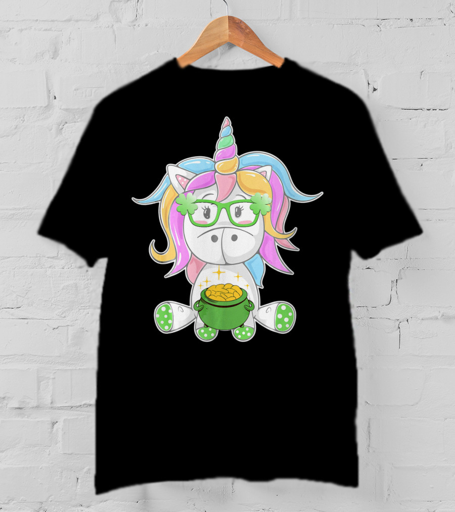 Unicorn Face Saint Patricks Day Shamrock Glasses Pot Of Gold T-Shirt