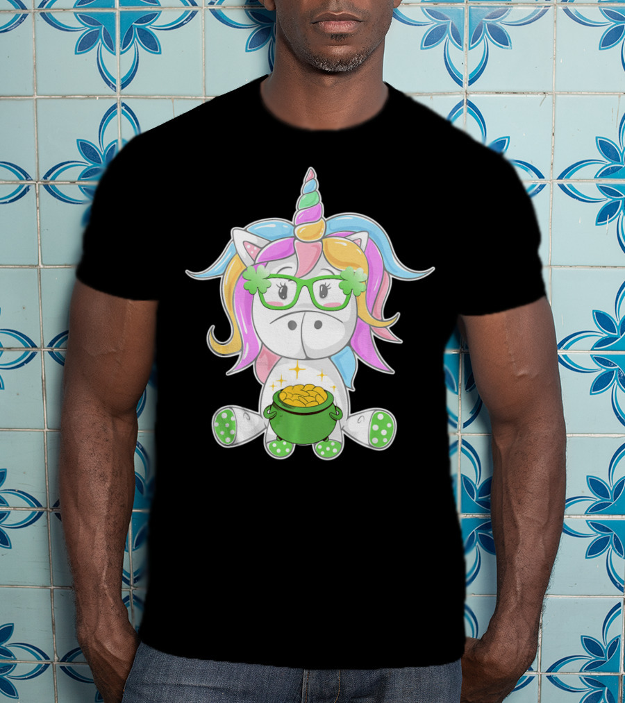Unicorn Face Saint Patricks Day Shamrock Glasses Pot Of Gold T-Shirt