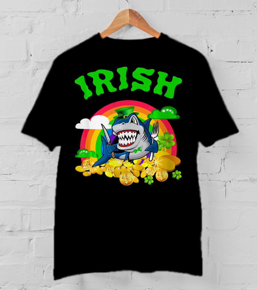 Irish Shark Funny St Patricks Day Leprechaun Rainbow Coins T-Shirt