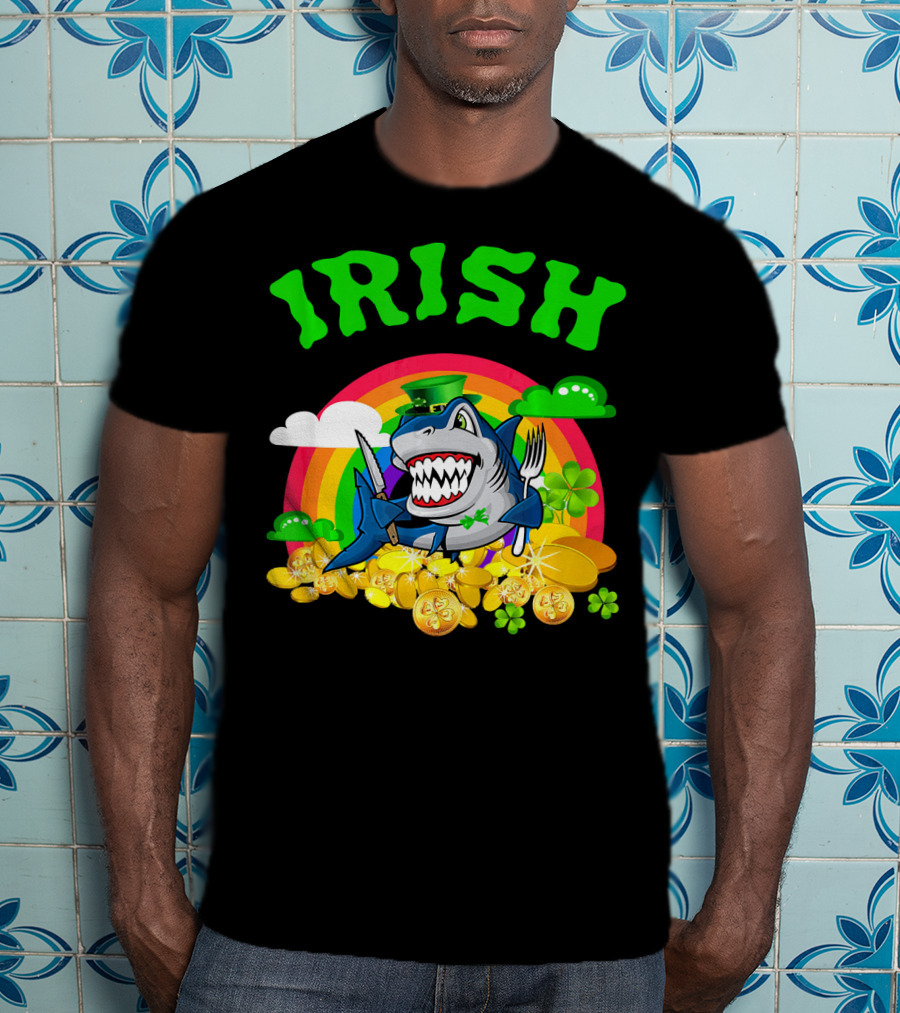 Irish Shark Funny St Patricks Day Leprechaun Rainbow Coins T-Shirt