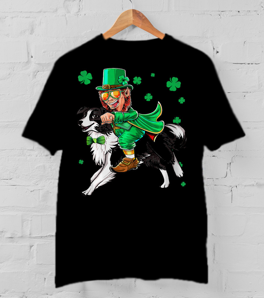 Leprechaun Riding Border Collie With Shamrocks T-Shirt