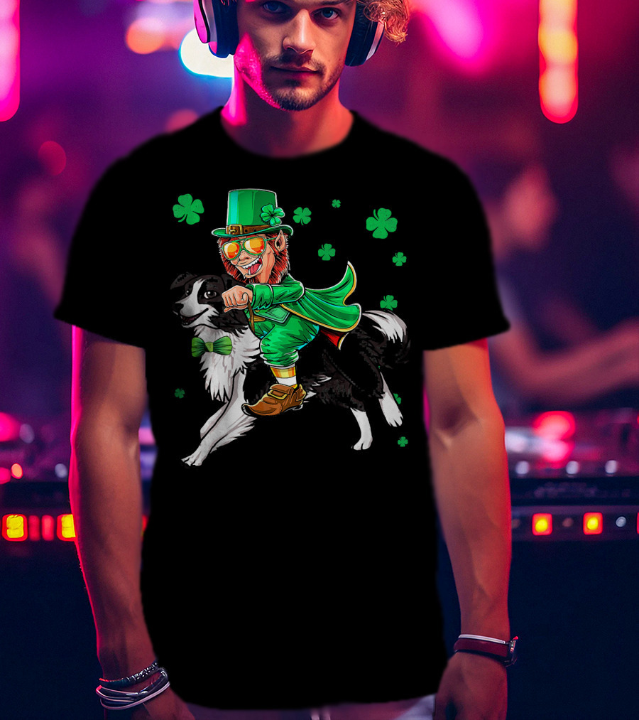 Leprechaun Riding Border Collie With Shamrocks T-Shirt