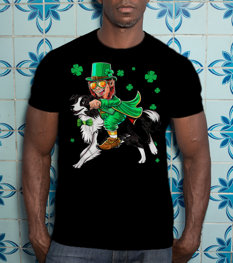 Leprechaun Riding Border Collie With Shamrocks T-Shirt