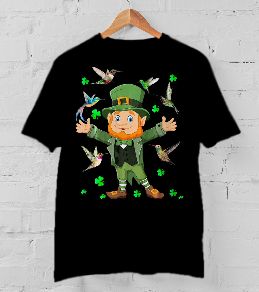 St Patricks Day Leprechaun With Hummingbirds And Shamrocks T-Shirt