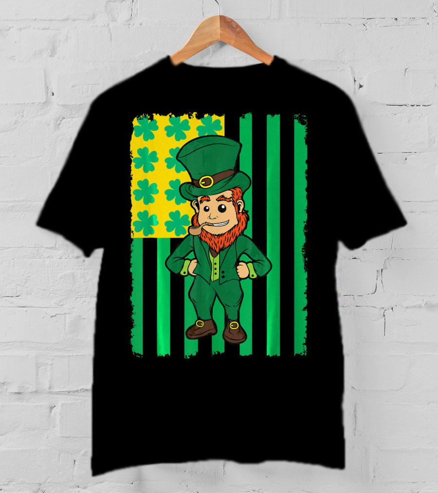 Irish American Leprechaun With Clover Flag T-Shirt