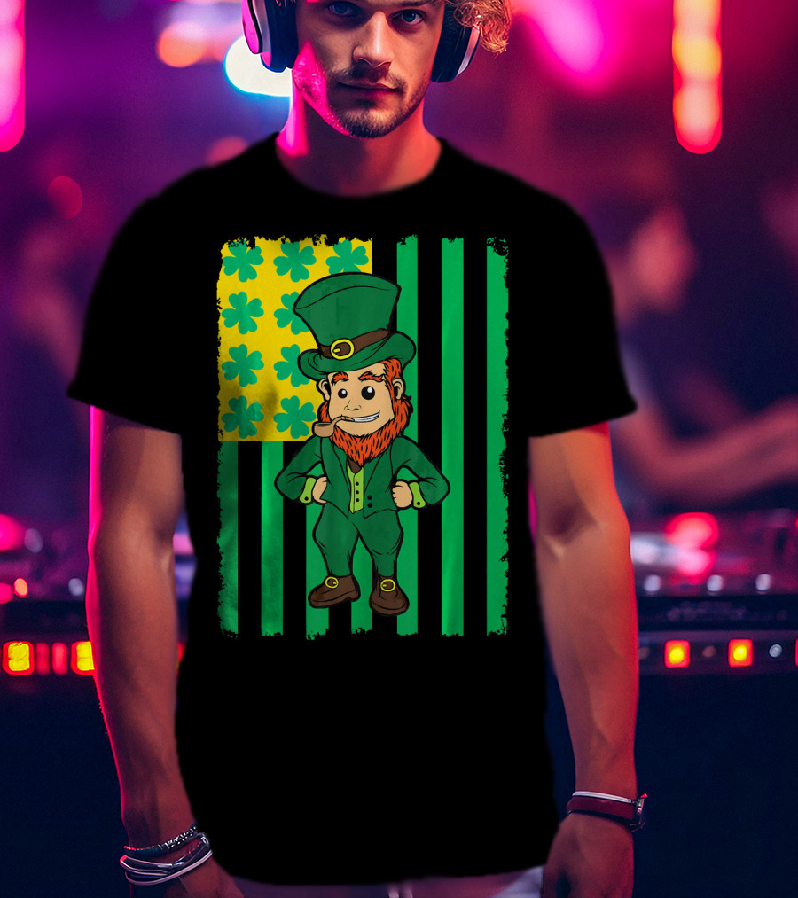Irish American Leprechaun With Clover Flag T-Shirt