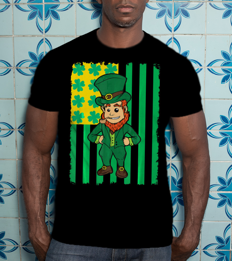 Irish American Leprechaun With Clover Flag T-Shirt