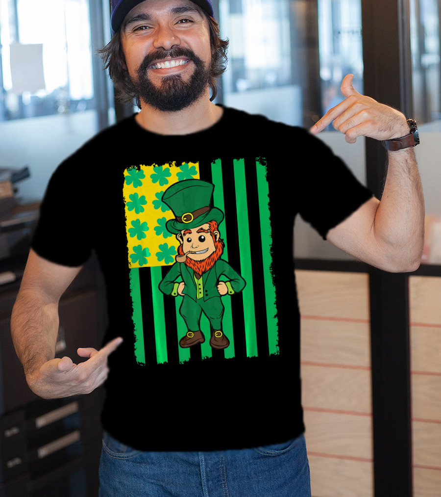 Irish American Leprechaun With Clover Flag T-Shirt