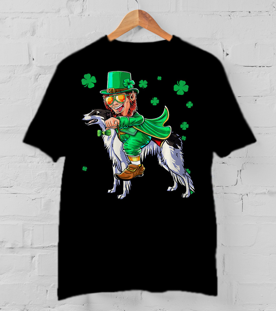 Leprechaun Riding Borzoi With Shamrocks St. Patrick's Day T-Shirt