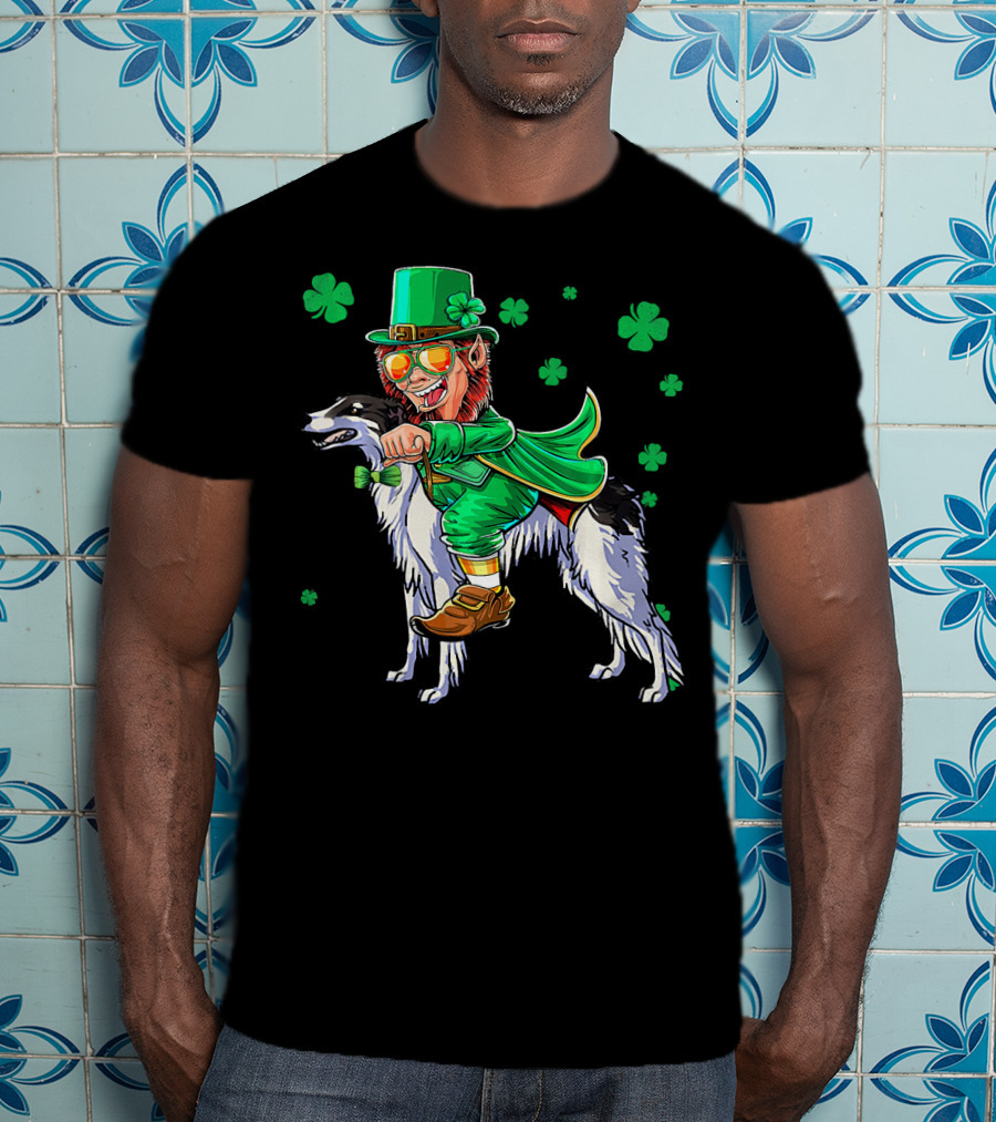 Leprechaun Riding Borzoi With Shamrocks St. Patrick's Day T-Shirt