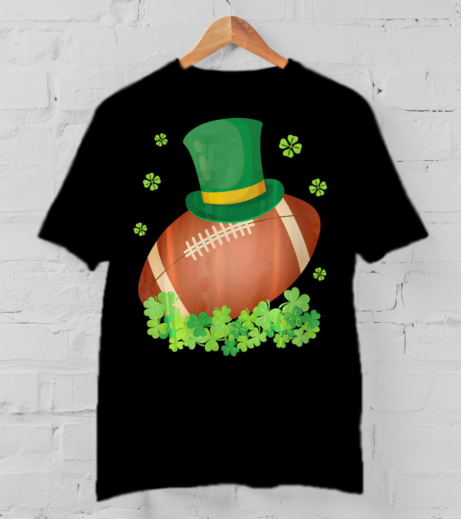 Leprechaun Hat On Football Surrounded By Clovers T-Shirt