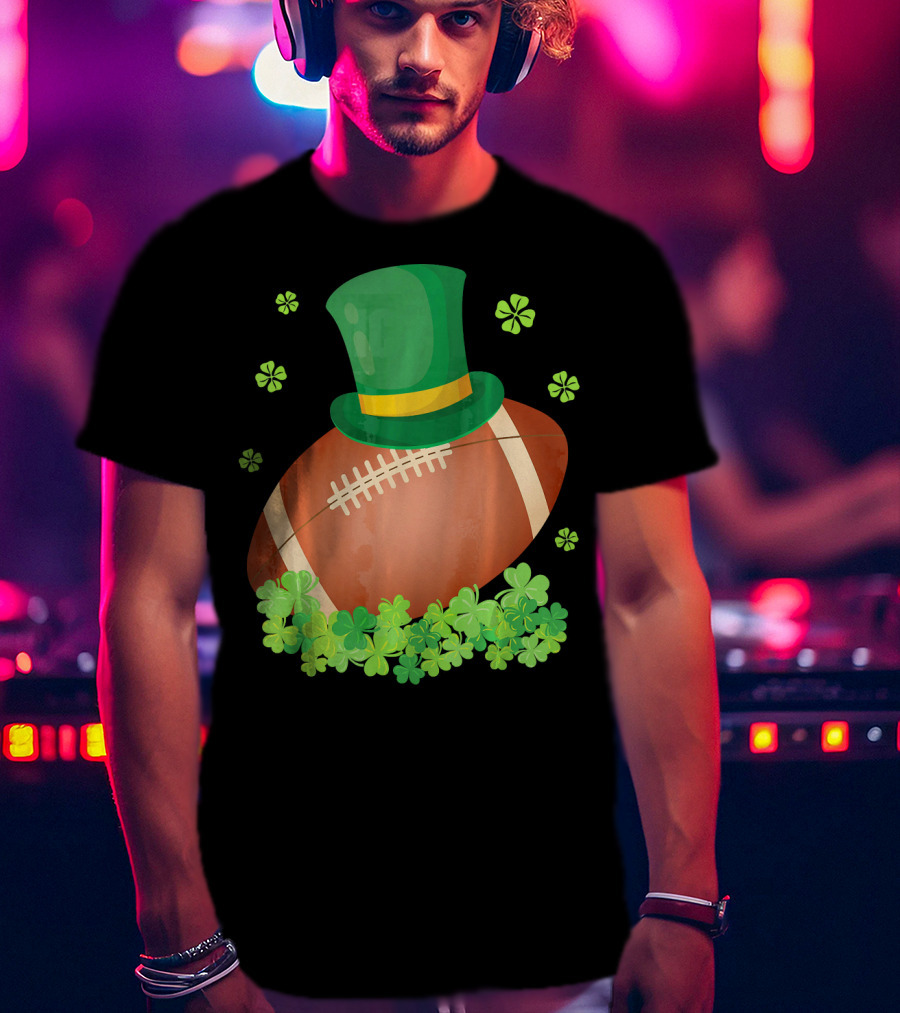 Leprechaun Hat On Football Surrounded By Clovers T-Shirt