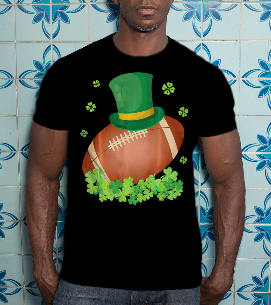 Leprechaun Hat On Football Surrounded By Clovers T-Shirt