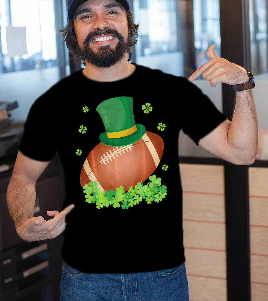 Leprechaun Hat On Football Surrounded By Clovers T-Shirt