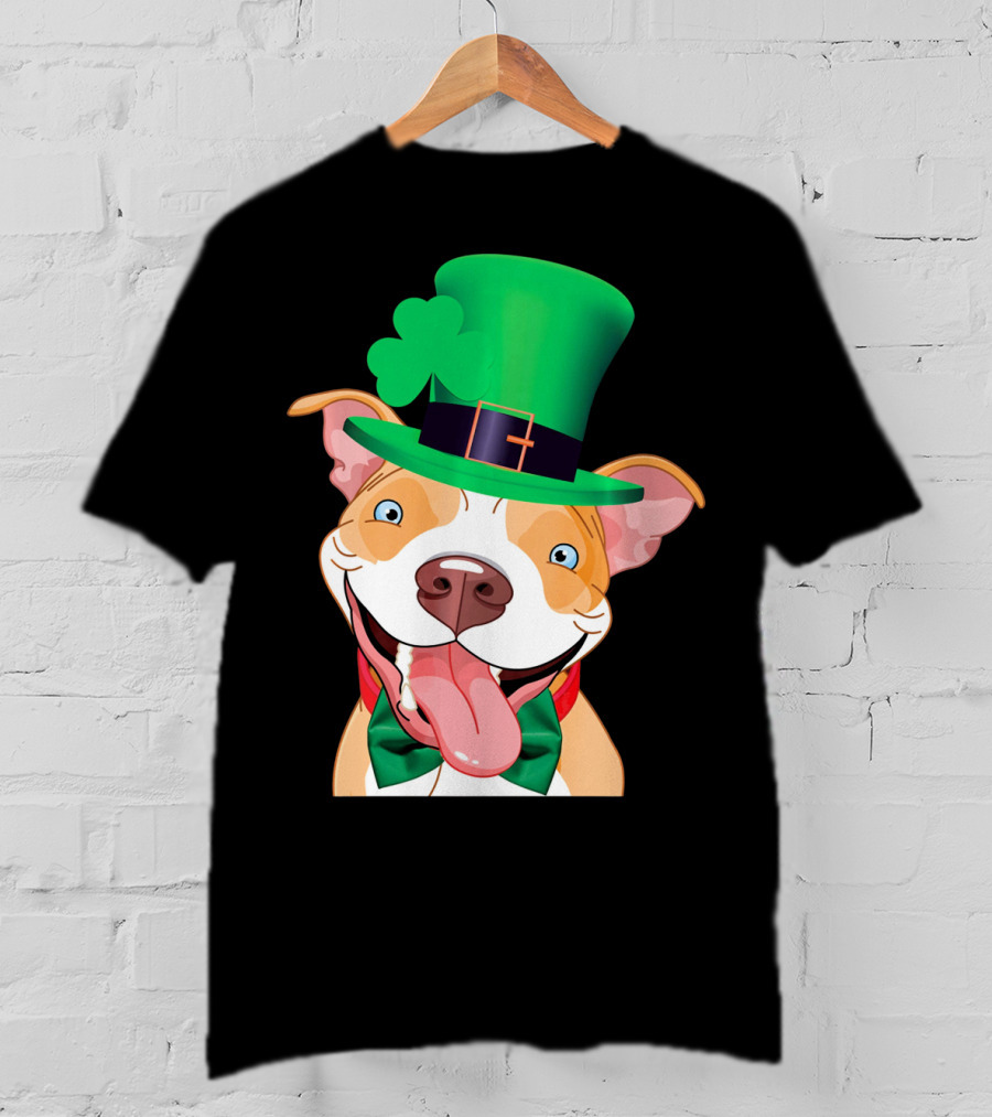 Irish Pitbull St Patricks Day Funny Leprechaun Hat Shamrock T-Shirt