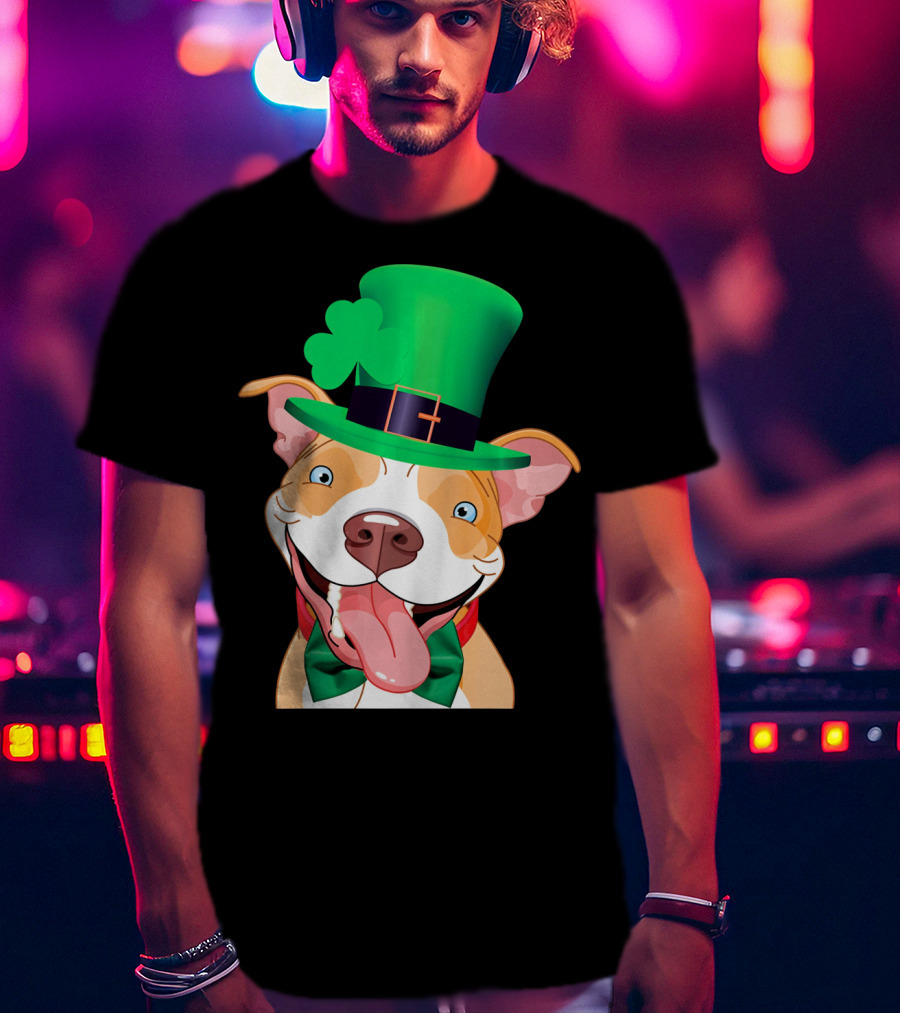 Irish Pitbull St Patricks Day Funny Leprechaun Hat Shamrock T-Shirt