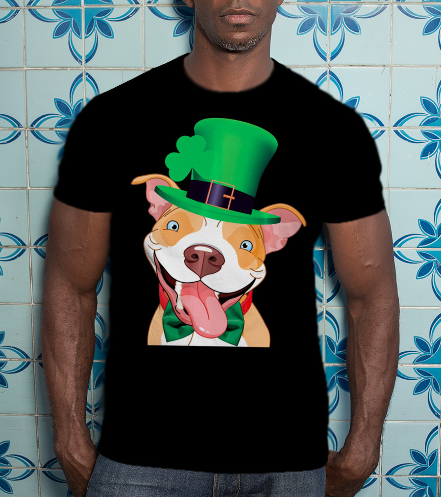Irish Pitbull St Patricks Day Funny Leprechaun Hat Shamrock T-Shirt