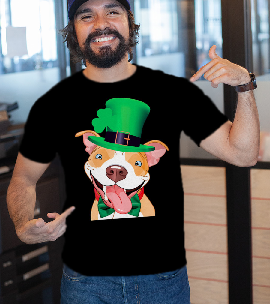 Irish Pitbull St Patricks Day Funny Leprechaun Hat Shamrock T-Shirt