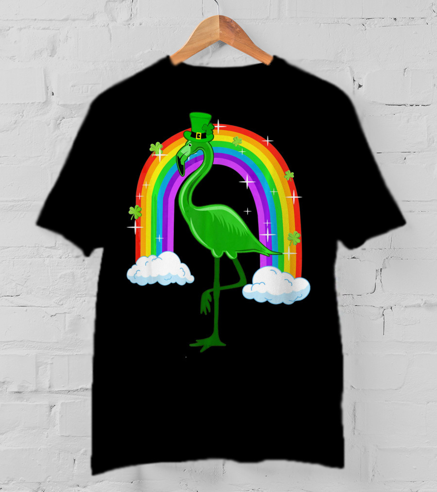 Leprechaun Flamingo With Rainbow And Clovers T-Shirt