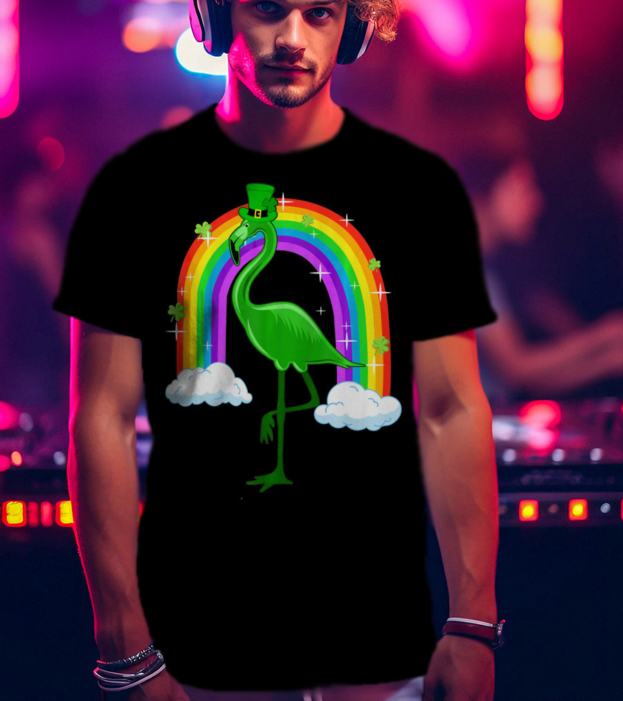 Leprechaun Flamingo With Rainbow And Clovers T-Shirt