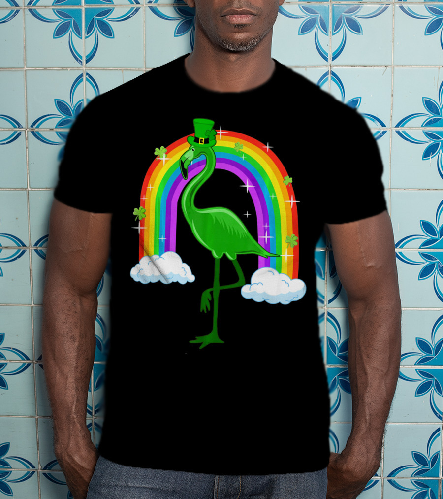 Leprechaun Flamingo With Rainbow And Clovers T-Shirt