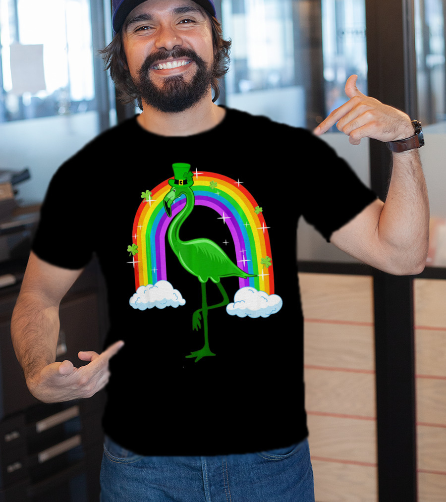 Leprechaun Flamingo With Rainbow And Clovers T-Shirt