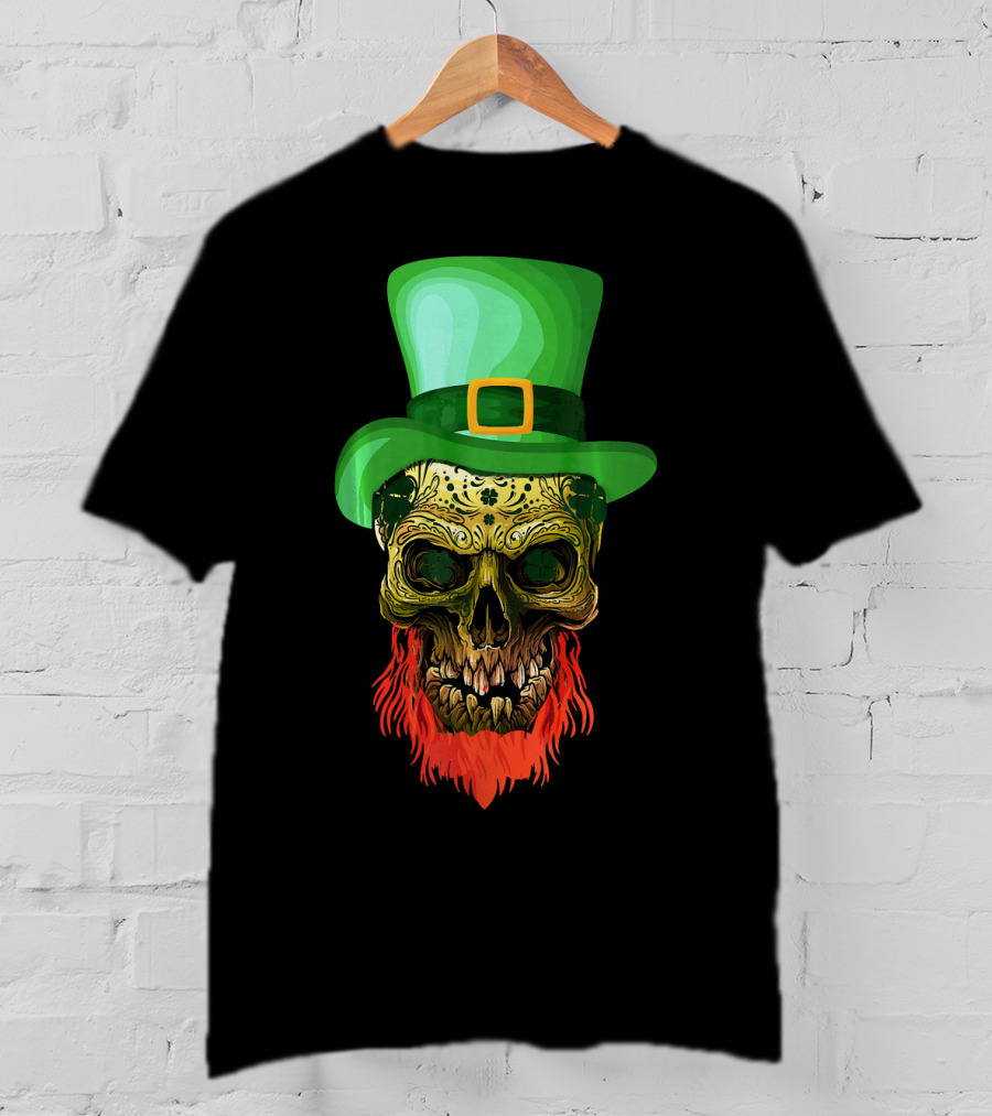 Skull Leprechaun Irish Green Hat Red Beard T-Shirt